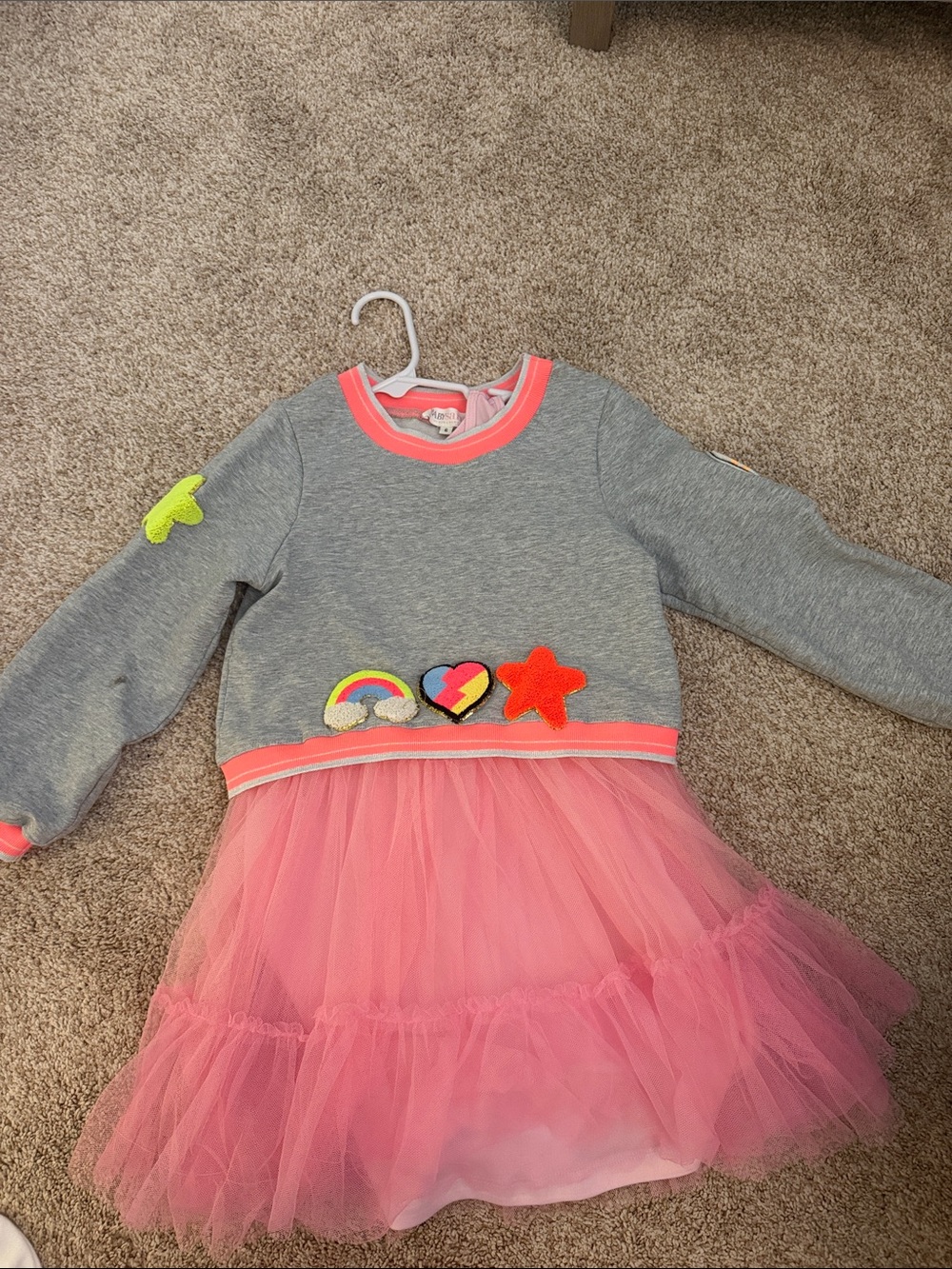 Girls' Gray Sweatshirt Dress with Pink Tulle Skirt and Patch Details